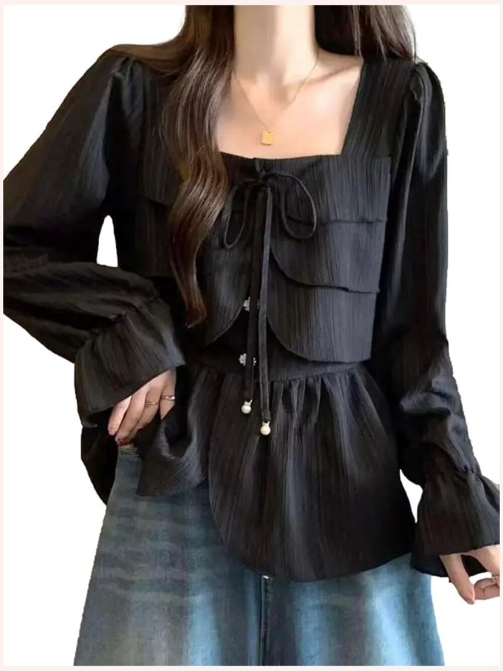 Ruffle Trim Floral Button Cute Blouse Lantern Long Sleeve Tops Vintage Shirts